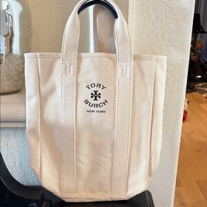 Tory Burch Ivory Canvas Tote with Black Logo